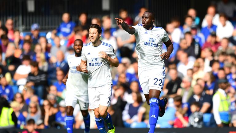 Cardiff City's Sol Bamba (right) celebrates scoring his side's first goal against Chelsea