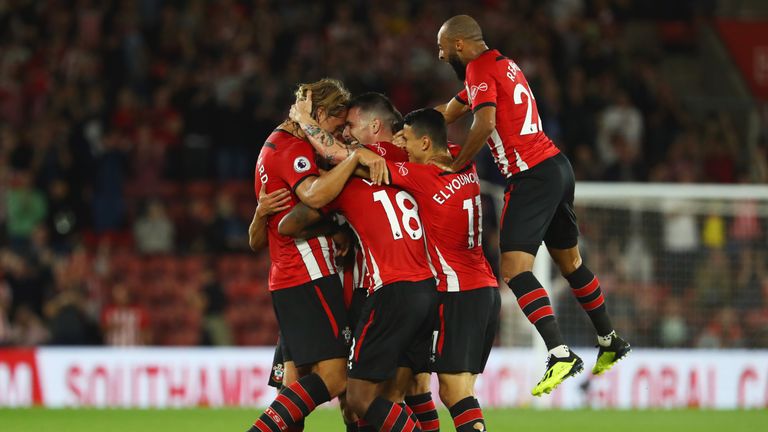 Southampton celebrate a goal against Brighton & Hove Albion at St Mary's Stadium on September 17, 2018 in Southampton, United Kingdom.