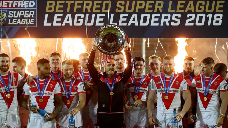 James Roby of St Helens lifts the League Leaders' shield