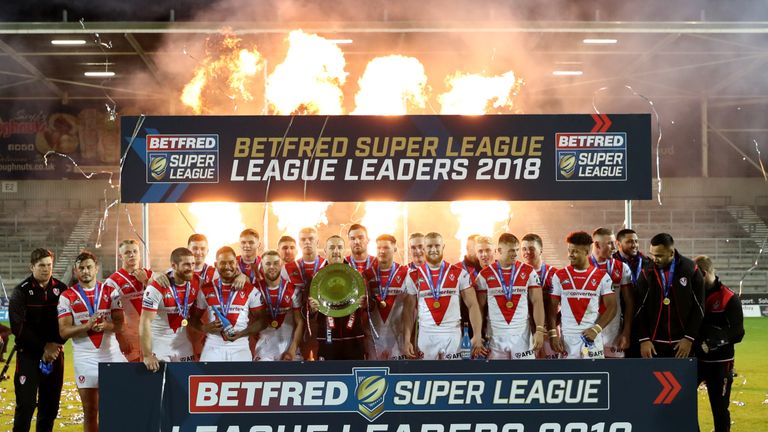 James Roby of St Helens lifts the League Leaders shield