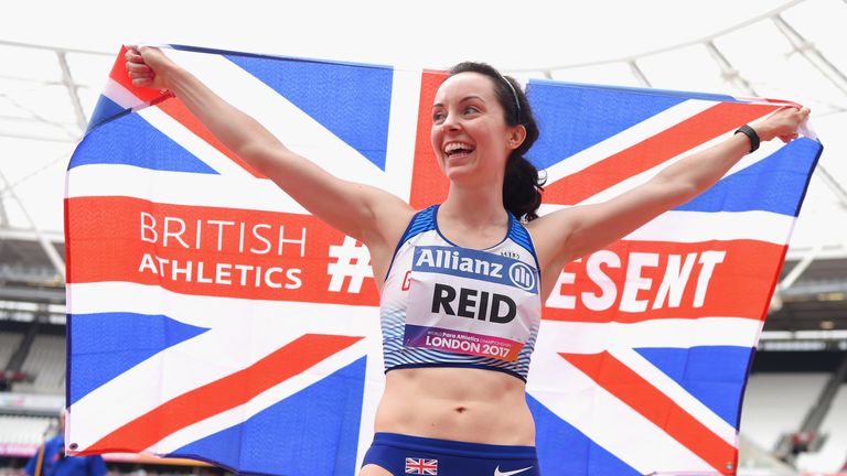 Stef Reid of Great Britain celebrates winning the gold medal in the Women's Long Jump T44 Final during Day Two of the IPC World ParaAthletics Championships 2017 at London Stadium on July 15, 2017 in London, England.
