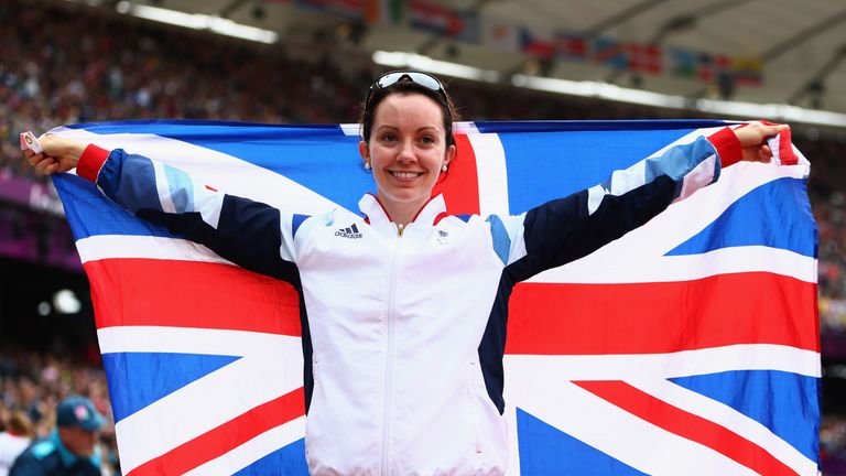 Stef Reid of Great Britain celebrates winning silver in the Women's Long Jump - F42/44 Final on day 4 of the London 2012 Paralympic Games at Olympic Stadium on September 2, 2012 in London, England