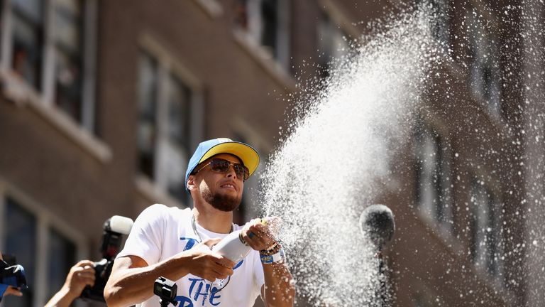 during the Golden State Warriors Victory Parade on June 12, 2018 in Oakland, California.