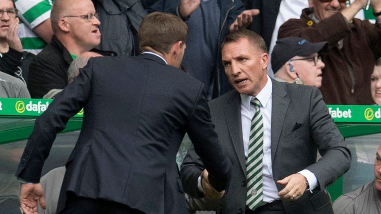 Steven Gerrard and Brendan Rodgers shake hands after Celtic's Old Firm win