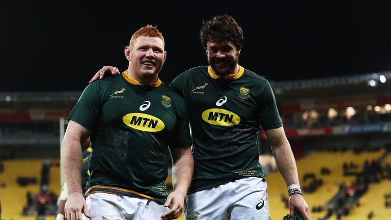 Steven Kitshoff and Warren Whiteley of South Africa celebrate after winning