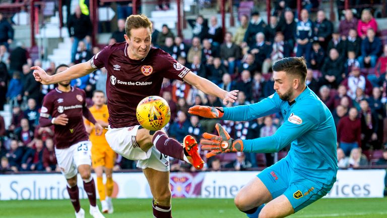 Hearts' Steven MacLean (L) in action against Livingston's Liam Kelly
