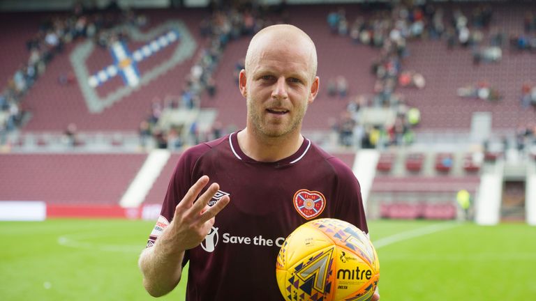 Hearts' Steven Naismith with the match-ball after his hat-trick against St Mirren