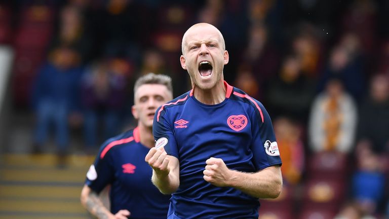 15/09/18 LADBROKES PREMIERSHIP.  MOTHERWELL V HEARTS . FIR PARK - MOTHERWELL. Hearts Steven Naismith celebrates scoring the first goal of the game