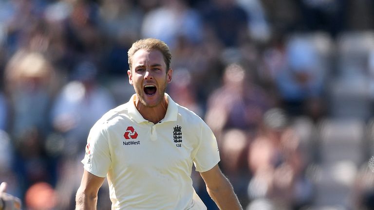 Stuart Broad of England celebrates dismissing Lokesh Rahul of India during day four of the Specsavers 4th Test match between England and India at The Ageas Bowl on September 2, 2018 in Southampton, England.  (Photo by Gareth Copley/Getty Images)