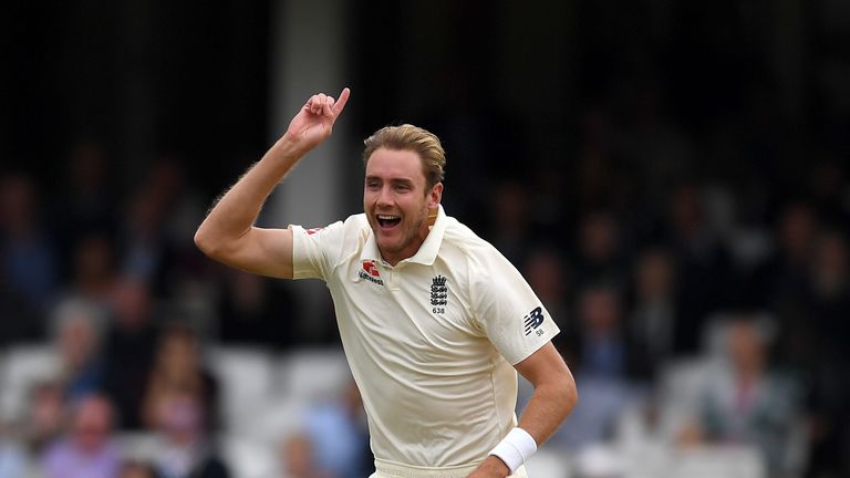 Stuart Broad celebrates taking a wicket