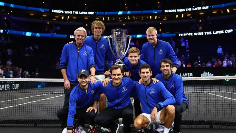 Team Europe poses with the trophy after their Men's Singles match on day three to win the 2018 Laver Cup at the United Center on September 23, 2018 in Chicago, Illinois.