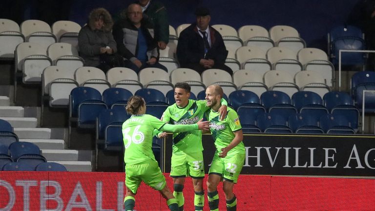 Norwich City's Teemu Pukki far right celebrates his goal with team-mates