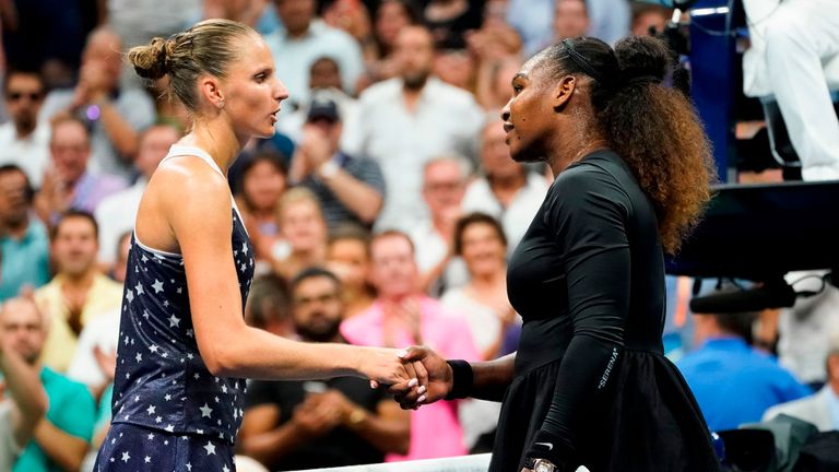 Serena Williams shakes hands with Karolina Pliskova after winning their quarter-final tie at the US Open