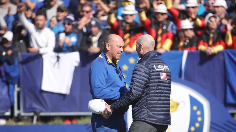 Thomas Bjorn and Jim Furyk shake hands after Europe secure victory