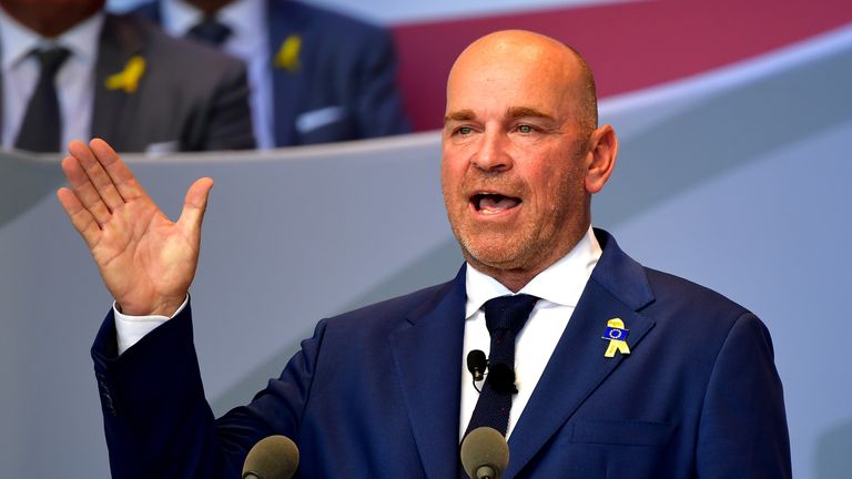 Captain Thomas Bjorn of Europe makes a speech during the opening ceremony for the 2018 Ryder Cup at Le Golf National on September 27, 2018 in Paris, France.  