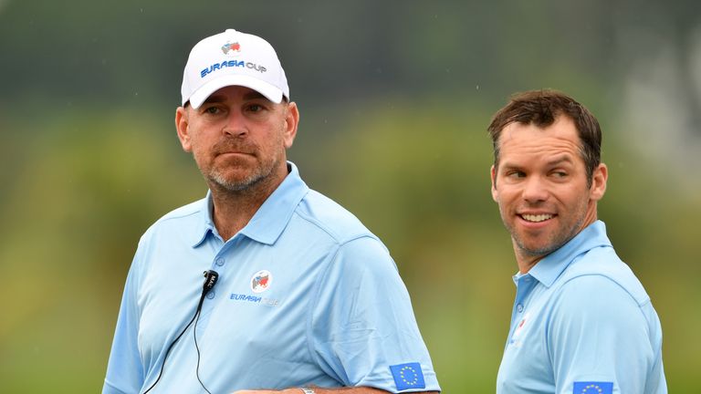 KUALA LUMPUR, MALAYSIA - JANUARY 13:  Europe Captain Thomas Bjorn looks on with Paul Casey during the foursomes matches on day two of the 2018 EurAsia Cup presented by DRB-HICOM at Glenmarie G&CC on January 13, 2018 in Kuala Lumpur, Malaysia.  (Photo by Stuart Franklin/Getty Images)