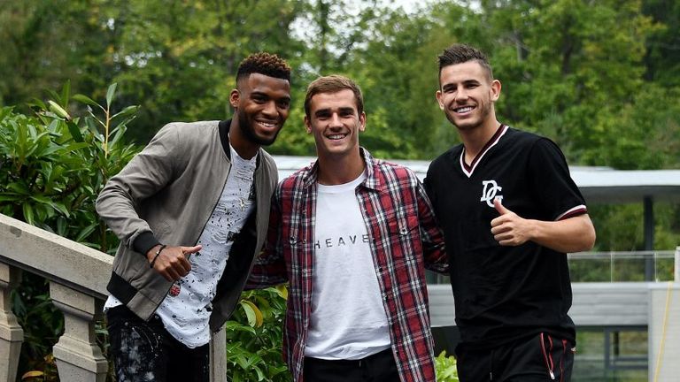Thomas Lemar, Antoine Griezmann and Lucas Hernandez arrive at Clairefontaine