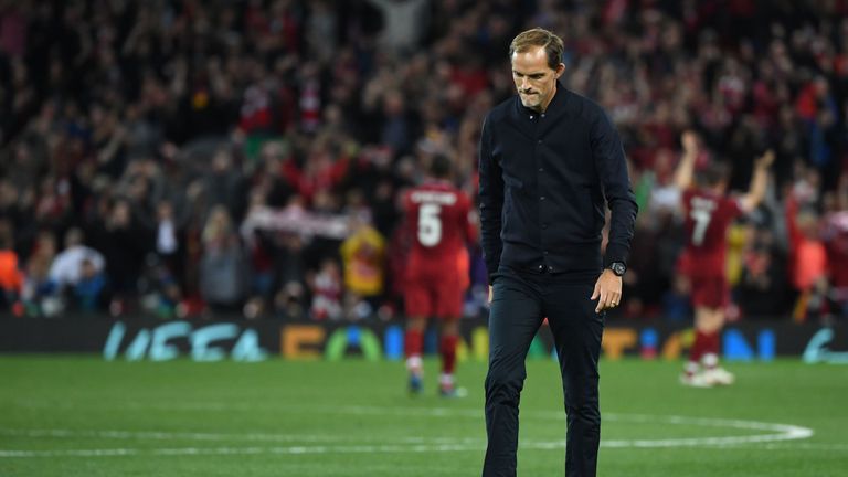 Thomas Tuchel reacts after Paris Saint-Germain's defeat to Liverpool in September 2018