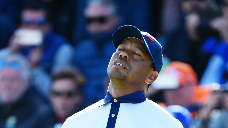 during the afternoon foursome matches of the 2018 Ryder Cup at Le Golf National on September 29, 2018 in Paris, France.