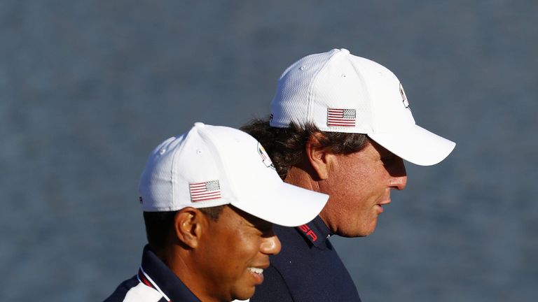 Tiger Woods and Phil Mickelson ahead of the 2018 Ryder Cup at Le Golf National on September 25, 2018 in Paris, France.