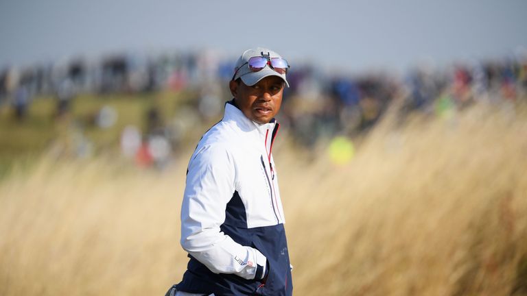Tiger Woods watches on during the afternoon foursome matches of the 2018 Ryder Cup at Le Golf National on September 28, 2018 in Paris, France.
