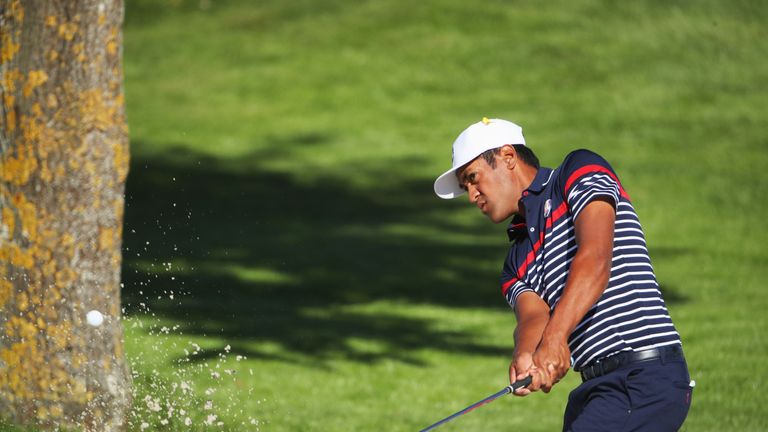 Tony Finau of the United States plays out of a bunker during practice prior to the 2018 Ryder Cup at Le Golf National on September 27, 2018 in Paris, France.