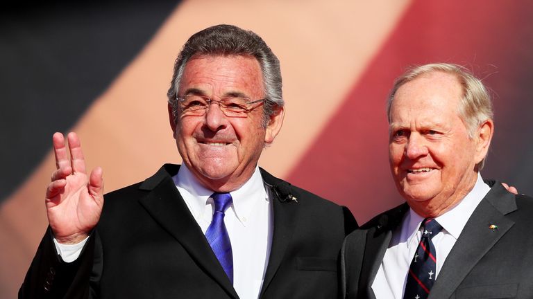 CHASKA, MN - SEPTEMBER 29:  Former Ryder Cup captains Tony Jacklin of Europe and Jack Nicklaus of the United States speak during the 2016 Ryder Cup Opening Ceremony at Hazeltine National Golf Club on September 29, 2016 in Chaska, Minnesota.  (Photo by Andrew Redington/Getty Images)