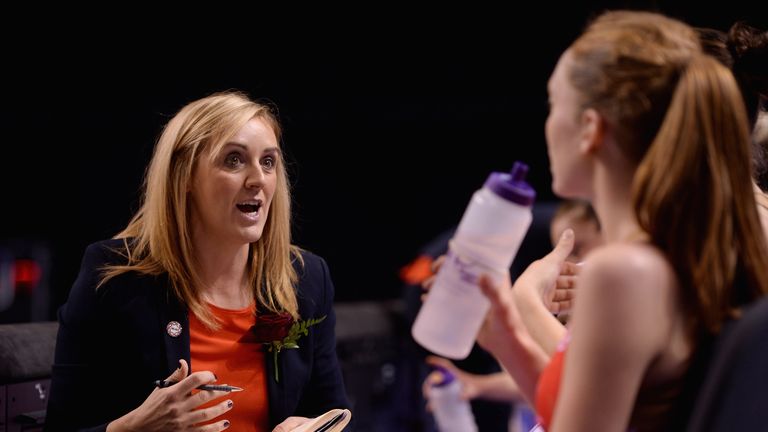 England coach Tracey Neville speaks to her team during the first match of the Vitality Netball International Series between England and Australia at the Echo Arena on January 20, 2016 in Liverpool, England.