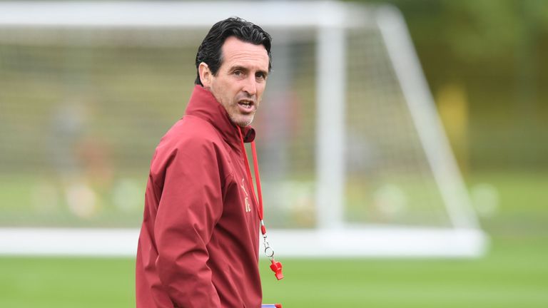 Unai Emery of Arsenal during a training session at London Colney on September 12, 2018 in St Albans, England