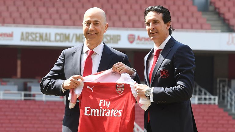 New Arsenal Head Coach Unai Emery with CEO Ivan Gazidis on the pitch at Emirates Stadium on May 23, 2018 in London, England.