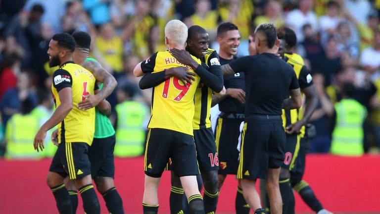 Watford players celebrate their victory over Tottenham