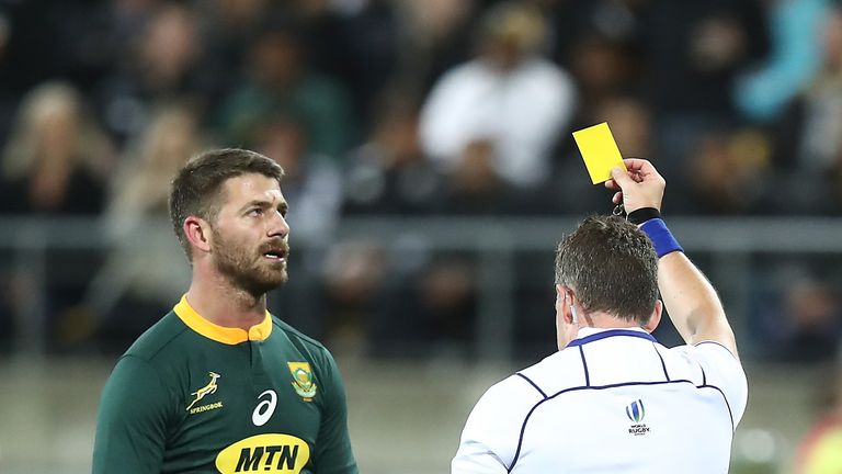 Willie le Roux of South Africa is shown yellow card during The Rugby Championship match between the New Zealand All Blacks and the South Africa Springboks at Westpac Stadium on September 15, 2018 in Wellington, New Zealand. 