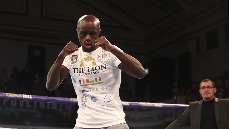 JOSHUA-POVETKIN PROMOTION.OPEN WORK OUTS,.YORK HALL..BETHNAL GREEN,.LONDON.PIC;LAWRENCE LUSTIG.YVAN MENDY.. PERFORMS A PUBLIC WORK OUT AS HE PREPARES FOR HIS FIGHT ON EDDIE HEARNS MATCHROOM PROMOTION AT WEMBLEY STADIUM ON SATURDAY(22-9-18).