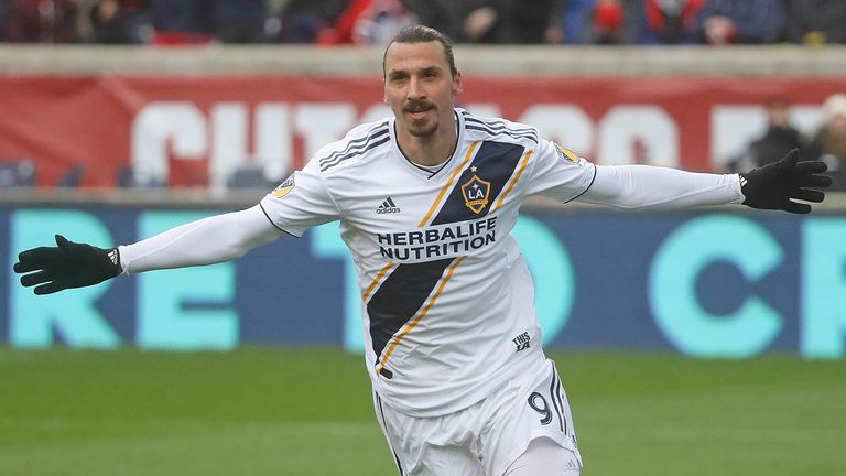 Zlatan Ibrahimovic #9 of the Los Angeles Galaxy celebrates his first half goal against the Chicago Fire at Toyota Park on April 14, 2018 in Bridgeview, Illinois. The Galaxy defeated the Fire 1-0.