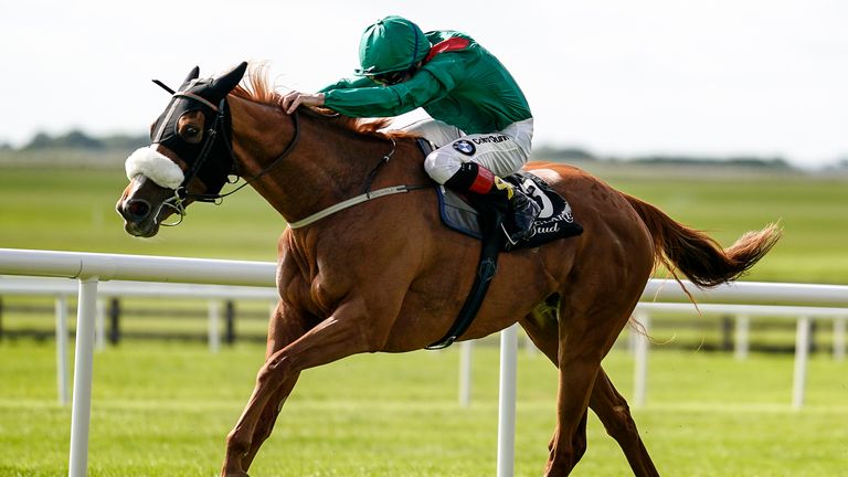 Declan McDonogh riding Eziyra win the Moyglare 'Jewels' Blandford Stakes at the Curragh