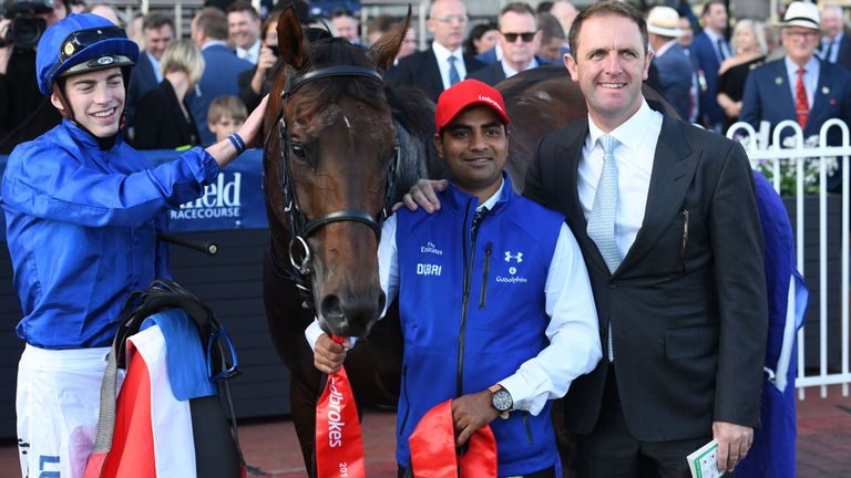 James Doyle and Charlie Appleby pose with Jungle Cat after his win at Caulfield
