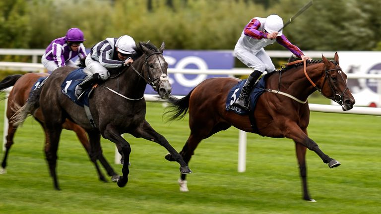 Daniel Tudhope riding Laurens (r) win the Coolmore Fastnet Rock Matron Stakes