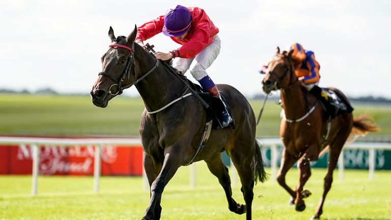 Ronan Whelan riding Skitter Scatter  win the Moyglare Stud Stakes at the Curragh