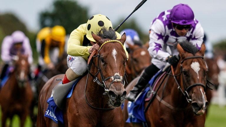 SALISBURY, ENGLAND - SEPTEMBER 06:  Andrea Atzeni riding Yourtimeisnow (L, yellow) win The Shadwell Dick Poole Fillies' Stakes at Salisbury Racecourse on September 6, 2018 in Salisbury, United Kingdom. (Photo by Alan Crowhurst/Getty Images)