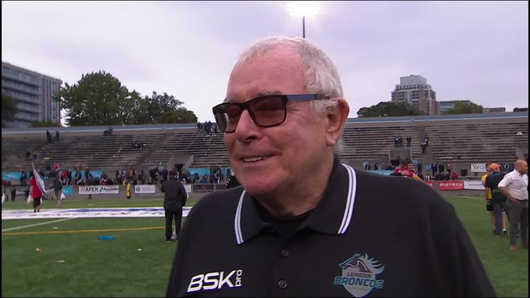 London Broncos owner David Hughes talks to Sky Sports on the pitch after his club's Million Pound Game victory. 