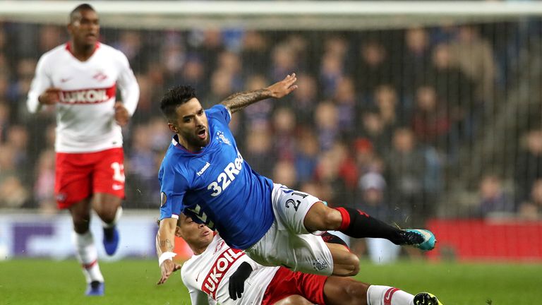 Lorenzo Melgarejo of Spartak Moscow tackles Candeias of Rangers during the UEFA Europa League Group G match between Rangers and Spartak Moscow at Ibrox Stadium on October 25, 2018 in Glasgow, United Kingdom. (Photo by Ian MacNicol/Getty Images)