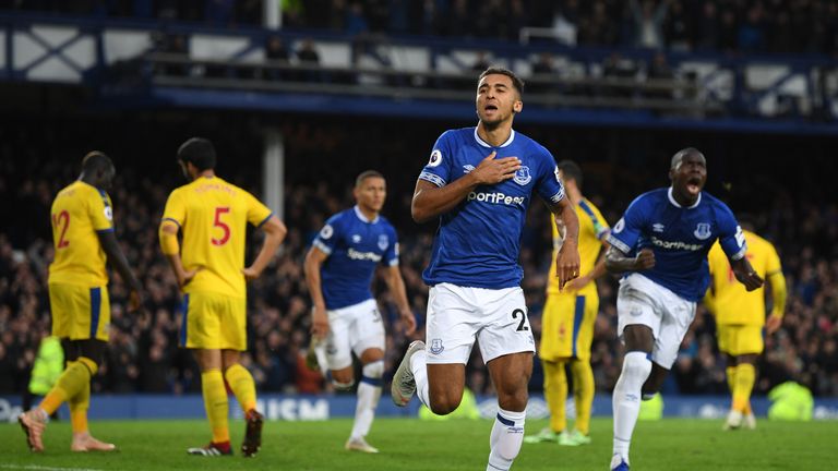 Dominic Calvert-Lewin celebrates after putting Everton in front