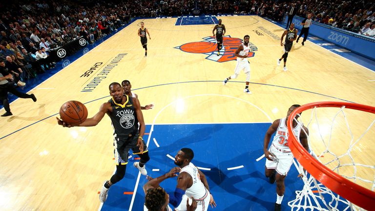 Kevin Durant goes strong to the hoop against the New York Knicks