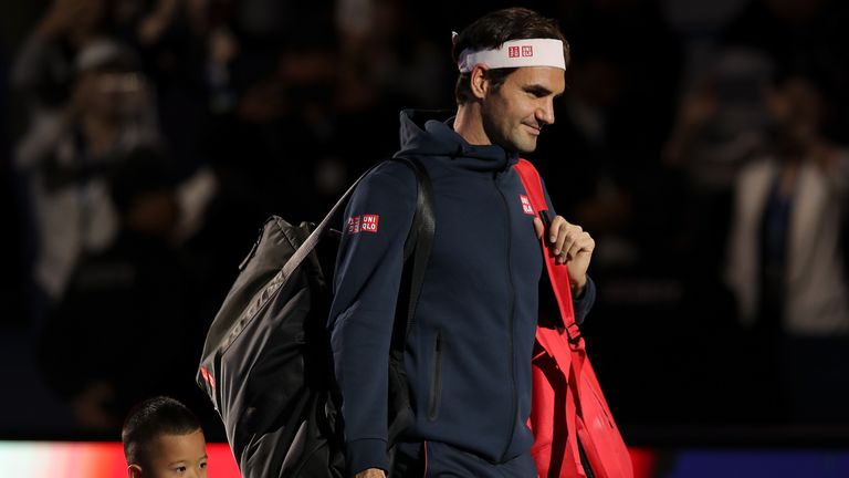 Roger Federer of Switzerland enters the tennis court before during third round of the 2018 Rolex Shanghai Masters match against Roberto Bautista Agut of Spain on Day 5 at Qi Zhong Tennis Centre on October 11, 2018 in Shanghai, China. (