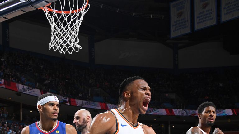 Russell Westbrook celebrates a basket on his way to 32 points