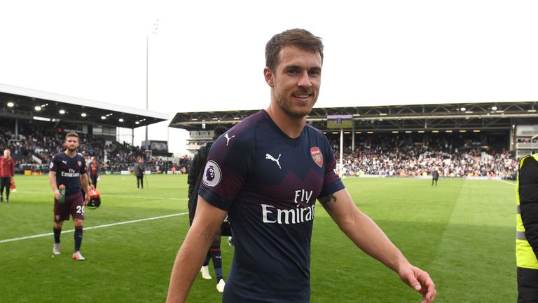 Aaron Ramsey smiling after scoring in Arsenal&#39;s 5-1 win away to Fulham in the Premier League