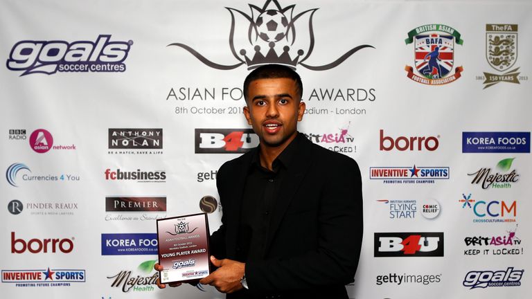 LONDON, ENGLAND - OCTOBER 8:   Young Player Award winner Adil Nabi poses during the Second Annual Asian Football Awards at Wembley Stadium on October 8, 2013 in London, England.  (Photo by Jan Kruger/Getty Images for Asian Football Awards)