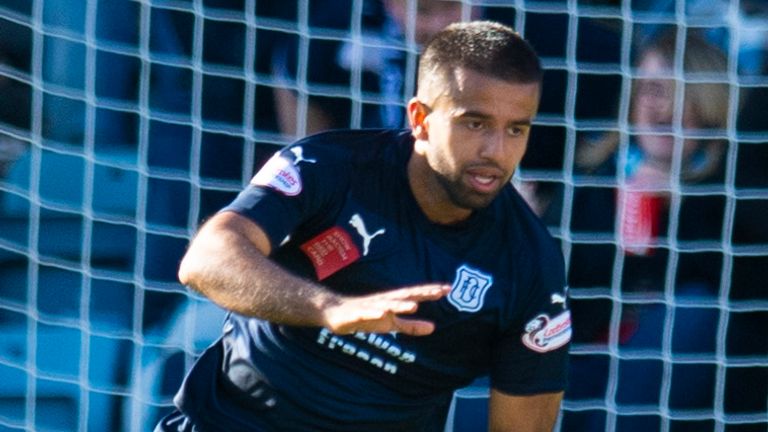Adil Nabi wheels away after scoring his first goal in a Dundee shirt