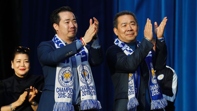 Aiyawatt Srivaddhanaprabha (L) pictured with this late father Vichai Srivaddhanaprabha (R) after Leicester's Premier League triumph in 2016