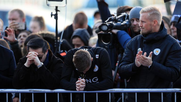 Aiyawatt Srivaddhanaprabha, Jamie Vardy and Kasper Schmeichel pay tribute to club chairman Vichai Srivaddhanaprabha, who was killed with four other people when his helicopter crashed outside the King Power Stadium on Saturday evening